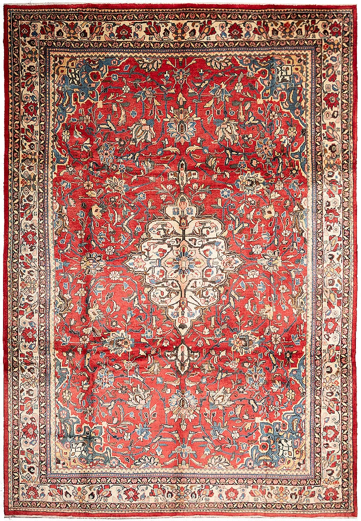 Persian Sarouk Mahal Area Rug 10' x 13.9' Hand-Knotted Wool 1970s: Persian Sarouk Mahal Area Rug 10' x 13.9' Hand-Knotted Wool 1970s This exquisite Semi-Antique Persian Sarouk Mahal Estate Rug features a stunning blend of antique red, ivory, and blue hues. Hand-knott