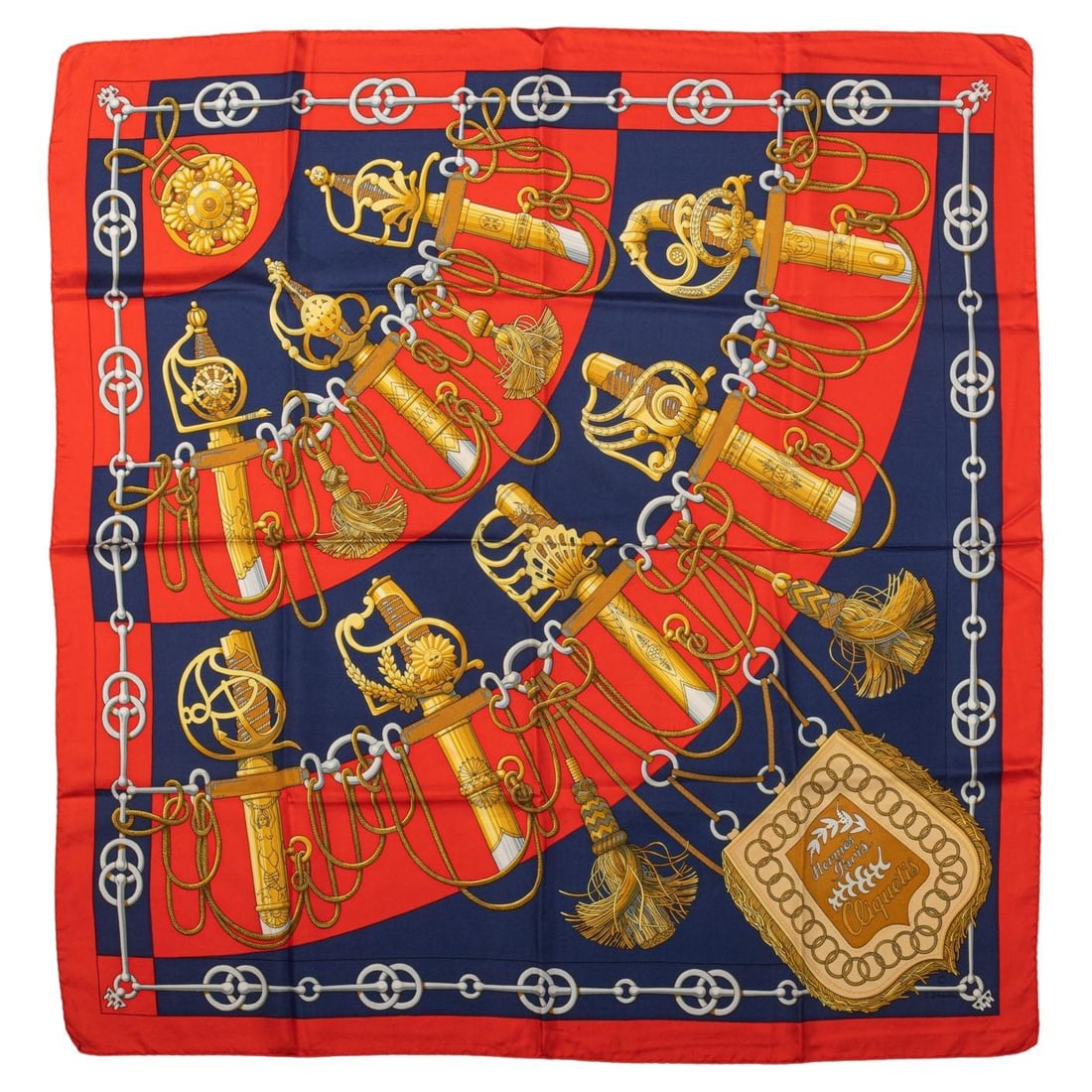 Hermes Cliquetis Silk Scarf Red Blue Gold Accents Julia Abadie: Hermes Cliquetis Silk Scarf Red Blue Gold Accents Julia Abadie Elevate your accessory collection with this exquisite Hermes Cliquetis Silk Scarf in vibrant red and blue, featuring elegant gold accent 