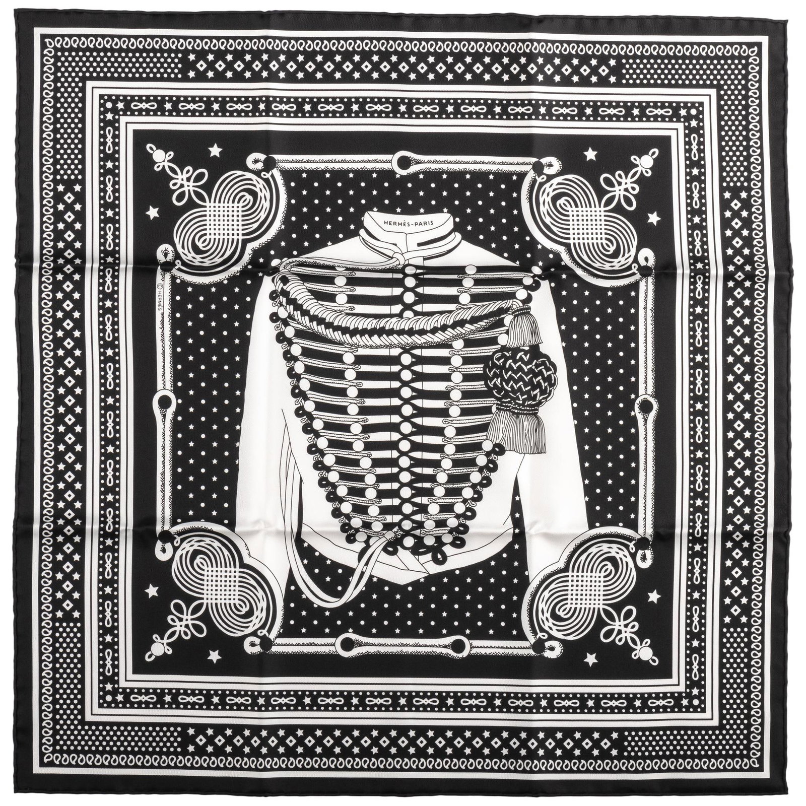 Hermes Limited Edition Brandebourg Black Silk Scarf 21.5 in: Hermes Limited Edition Brandebourg Black Silk Scarf 21.5 in Introducing the Hermes Limited Edition Brandebourg Scarf, a stunning accessory that embodies luxury and elegance. Crafted in France, this ex