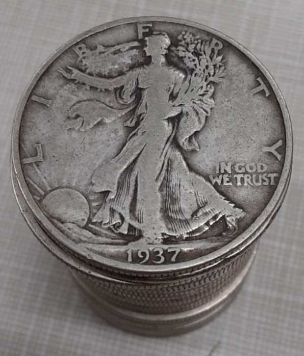 1937-S Walking Liberty Half Dollar Roll of 20 Circulated 90% Silver Coins: 1937-S Walking Liberty Half Dollar Roll of 20 Circulated 90% Silver Coins This roll contains 20 circulated 1937-S Walking Liberty Half Dollars, each made of 90% silver. Known for their iconic design, 