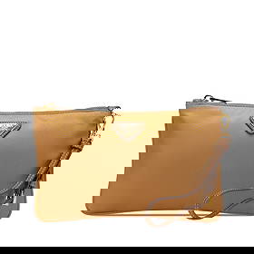 Prada Tessuto Brown Nylon Wristlet Pouch with Leather Strap: Prada Tessuto Brown Nylon Wristlet Pouch with Leather Strap The Prada Tessuto Wristlet Pouch is a stylish and practical accessory crafted from durable nylon. This pouch features a detachable flat leat