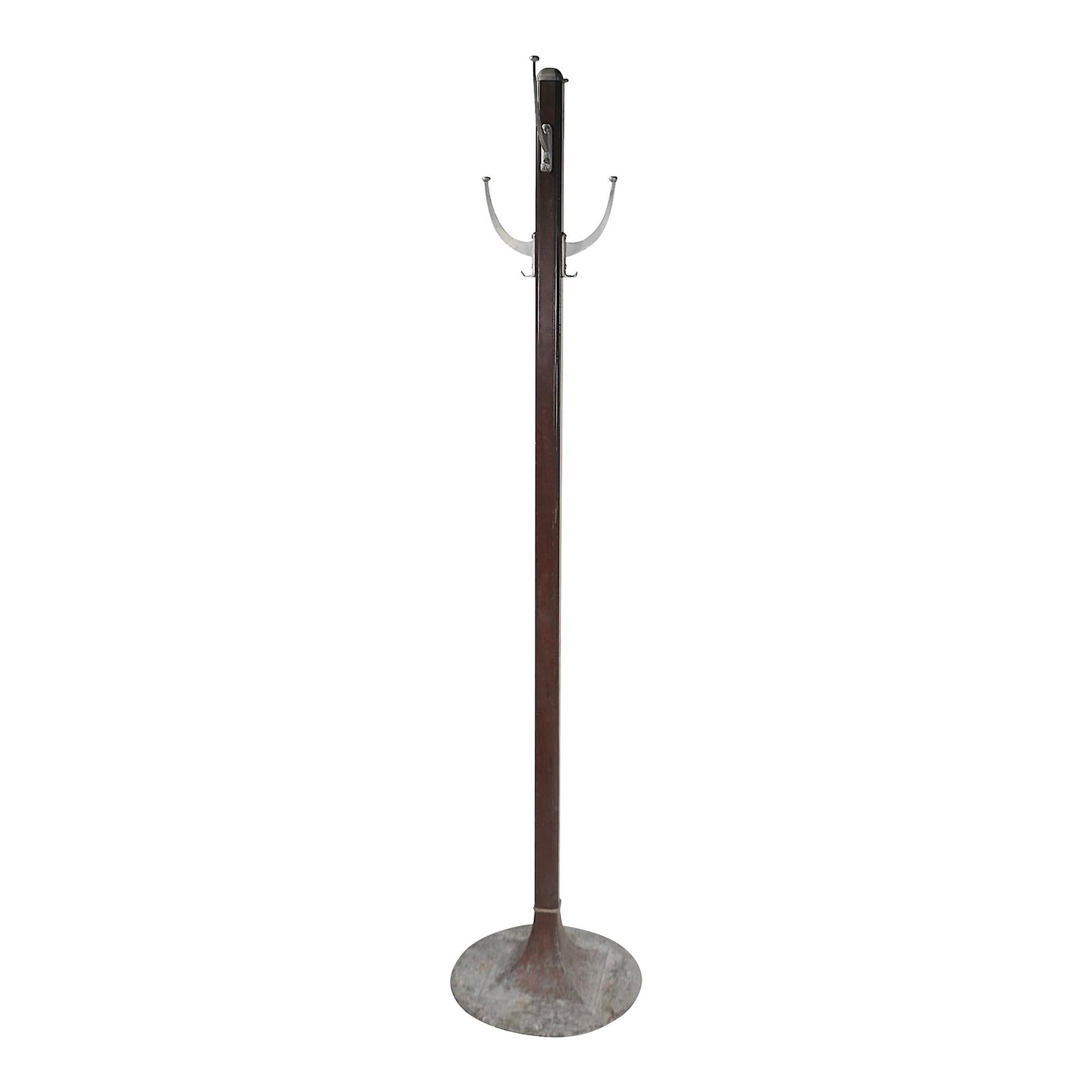Vintage Industrial Coat Hat Rack with Disk Base 69.5" Tall: Vintage Industrial Coat Hat Rack with Disk Base 69.5" Tall This vintage industrial coat and hat rack features a distinctive disk-shaped base and a squared vertical post topped with four cast aluminum