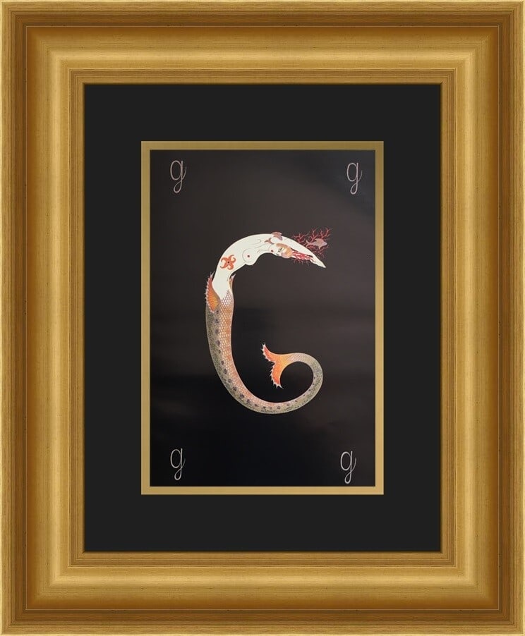 Erte Alphabet Suite G Custom Framed Art Deco Print: Erte Alphabet Suite G Custom Framed Art Deco Print This exquisite Erte Alphabet Suite "G" print is a stunning representation of Art Deco style, showcasing figures in a vibrant lithographic design. The