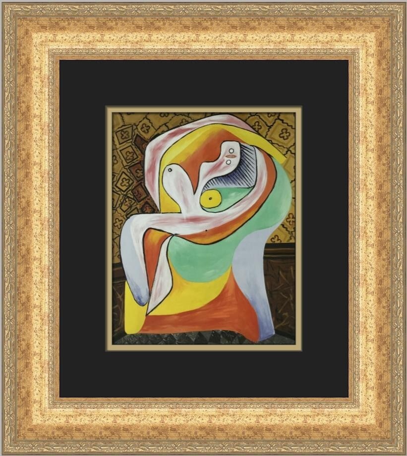 Pablo Picasso Reposed Custom Framed Print in Gold Antique Frame: Pablo Picasso Reposed Custom Framed Print in Gold Antique Frame This captivating custom framed print titled "Reposed" by renowned artist Pablo Picasso showcases a stunning blend of Abstract Expression