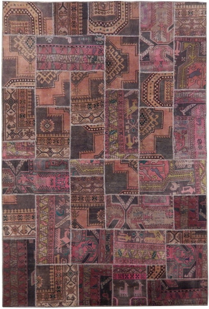 6' x 8'9'' Handcrafted Multi-Brown Antique Persian Patchwork Rug: 6' x 8'9'' Handcrafted Multi-Brown Antique Persian Patchwork Rug Enhance your living space with this exquisite 7' x 9' Multi-Brown Antique Persian Patchwork Rug, meticulously handcrafted by skilled Pe