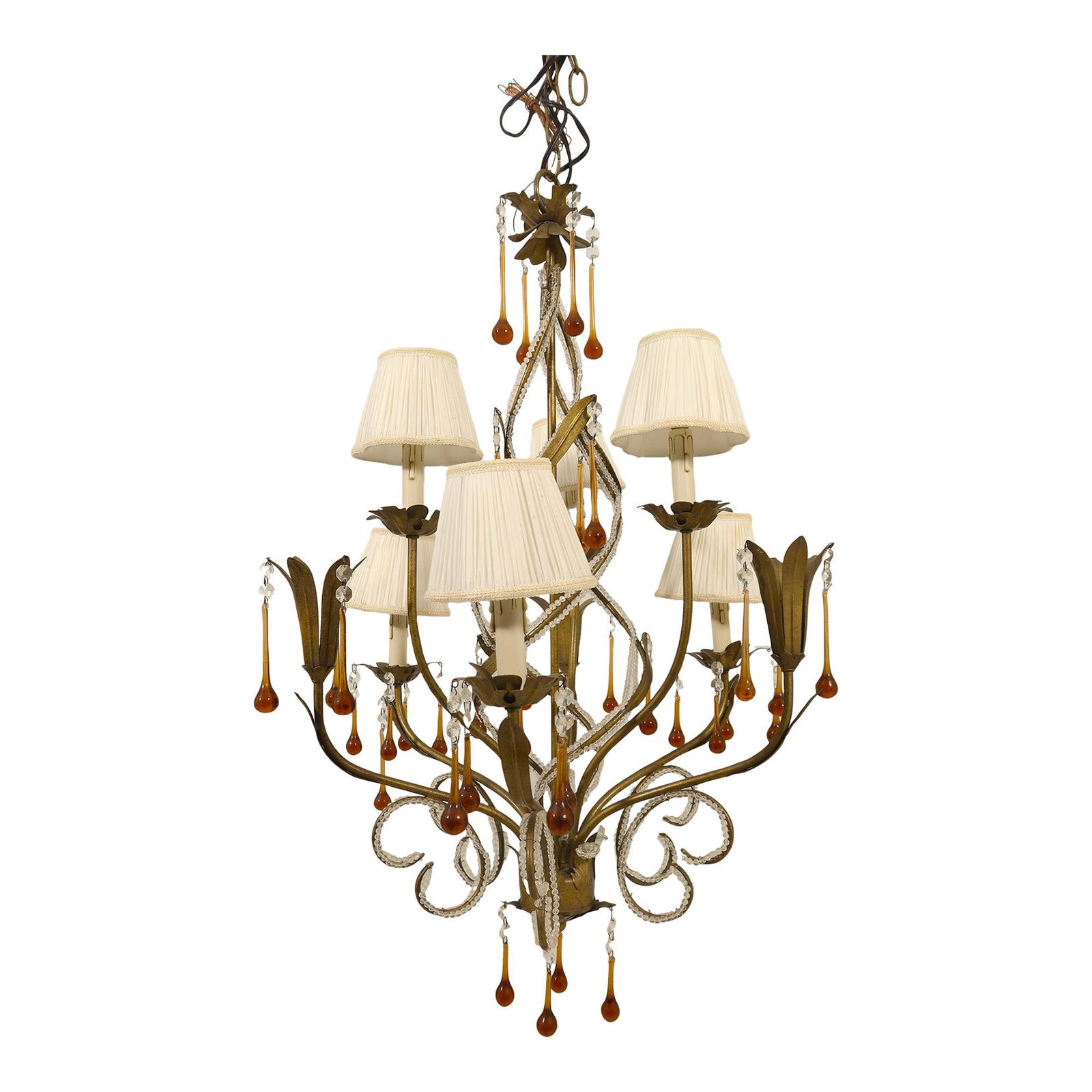 Elegant 6-Light Chandelier with Tear Drop Glass Prisms: Elegant 6-Light Chandelier with Tear Drop Glass Prisms Illuminate your space with this stunning 6-light chandelier featuring exquisite tear drop glass prisms. This quality fixture, approximately 15 ye