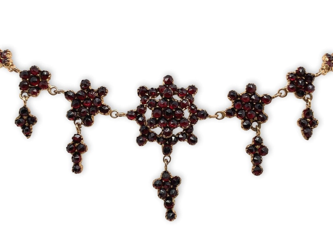 Victorian Bohemian Garnet Necklace with Five Rosettes GIA Certified 16.75": Victorian Bohemian Garnet Necklace with Five Rosettes GIA Certified 16.75" This exquisite antique Victorian necklace features genuine natural Bohemian garnets in a striking red gold color. The design