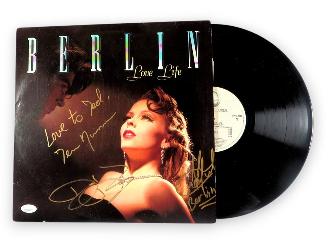 Berlin Band Autographed Album Cover by Nunn Crawford Diamond JSA: Berlin Band Autographed Album Cover by Nunn Crawford Diamond JSA This is an original autographed album cover by the Berlin band, featuring signatures from members Terri Nunn, John Crawford, and David