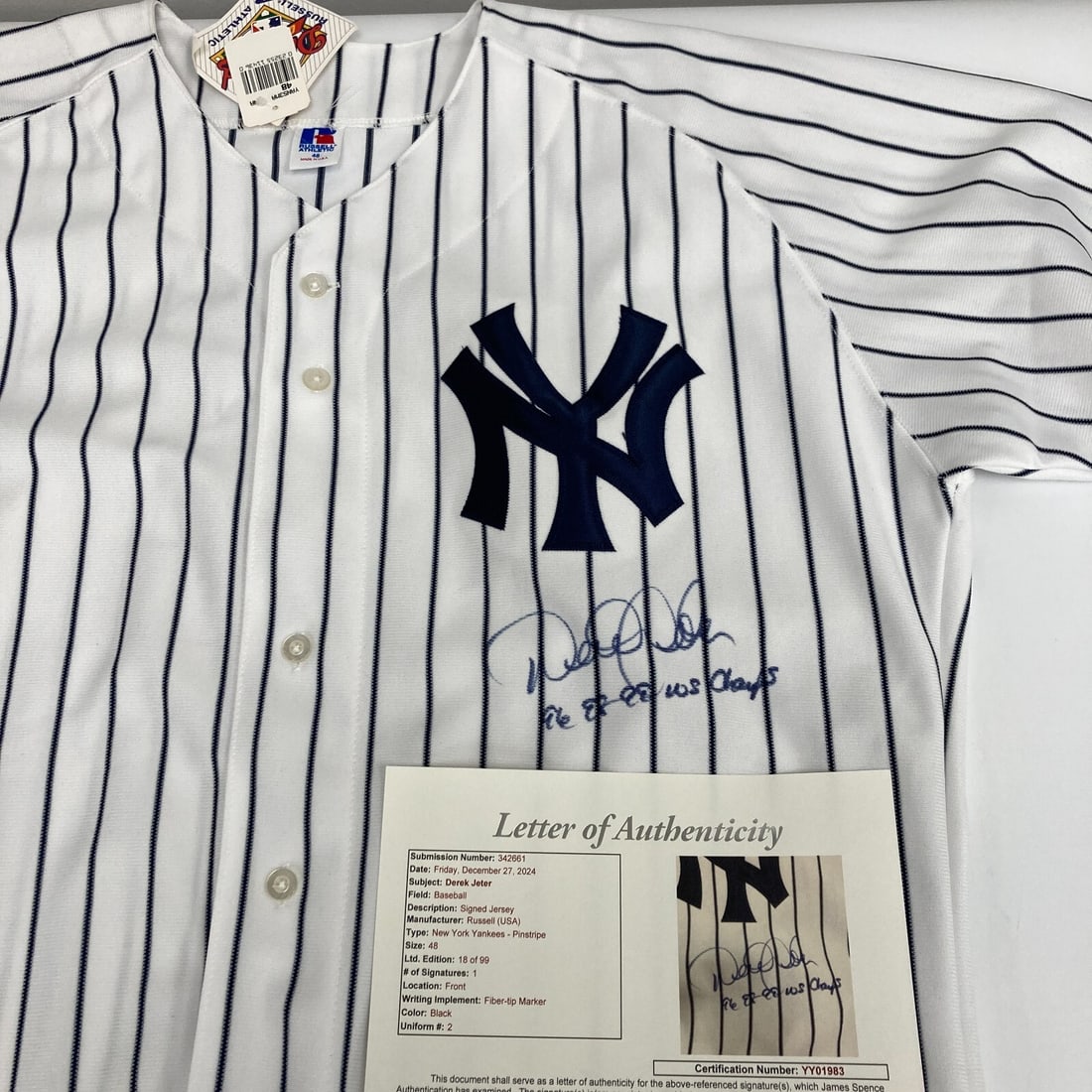 Derek Jeter Signed Yankees Jersey 1996 1998 1999 World Series Champs JSA COA: Derek Jeter Signed Yankees Jersey 1996 1998 1999 World Series Champs JSA COA Celebrate the legacy of Derek Jeter with this authentic game model Russell New York Yankees jersey, signed by the baseball
