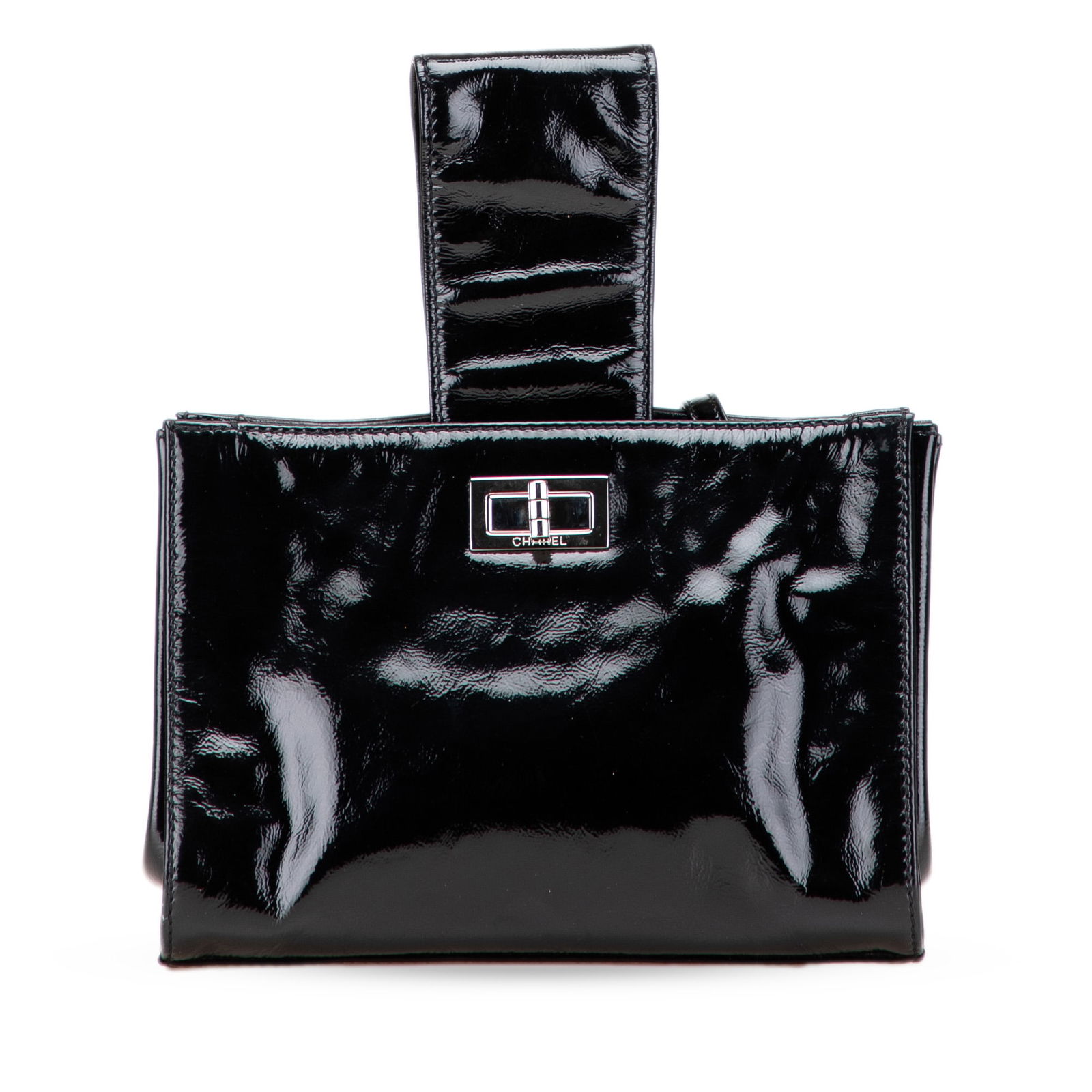 Chanel Black Patent Mademoiselle Lock Convertible Clutch Bag: Chanel Black Patent Mademoiselle Lock Convertible Clutch Bag Elevate your style with this elegant Chanel Patent Mademoiselle Lock Convertible Wrist Clutch. Crafted from luxurious patent leather in a c