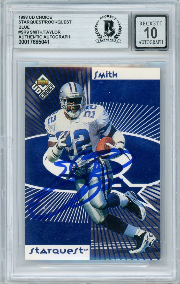 1998 UD Choice Starquest Blue Emmitt Smith Fred Taylor Dual Autograph BGS: 1998 UD Choice Starquest Blue Emmitt Smith Fred Taylor Dual Autograph BGS This is a 1998 UD Choice Starquest Blue #SR9 sports trading card featuring dual autographs from football legends Emmitt Smith