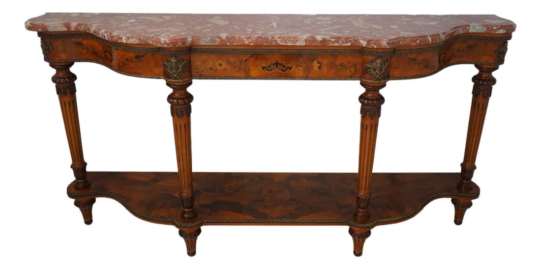 Italian Olivewood Console Table with Marble Top and Brass Ormolu Trim: Italian Olivewood Console Table with Marble Top and Brass Ormolu Trim This exquisite Italian console table showcases a stunning marble top elegantly inlaid with olivewood. Crafted around 40 years ago,