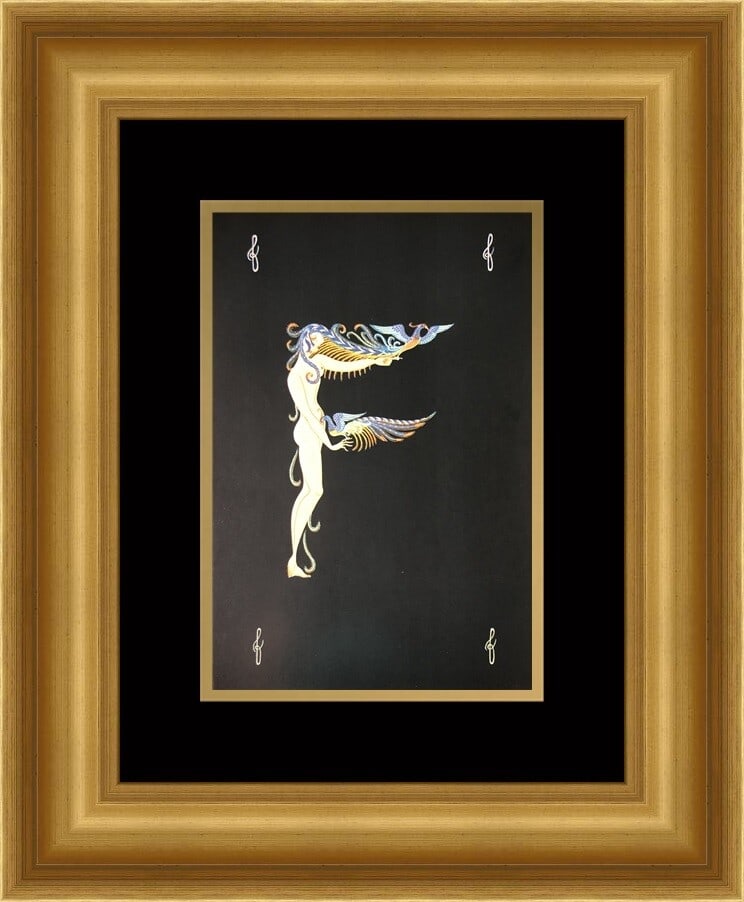 Erte Alphabet Suite F Art Deco Print Custom Framed 17 x 21: Erte Alphabet Suite F Art Deco Print Custom Framed 17 x 21 This custom framed print features the letter "F" from Erte's Alphabet Suite, showcasing Art Deco styling with a vibrant portrayal of figures.