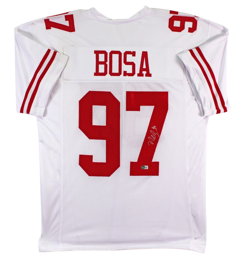 Nick Bosa Autographed White Jersey with Silver Signature BAS Authenticated: Nick Bosa Autographed White Jersey with Silver Signature BAS Authenticated This authentic autographed white jersey features a striking silver signature from Nick Bosa, the talented player from the San