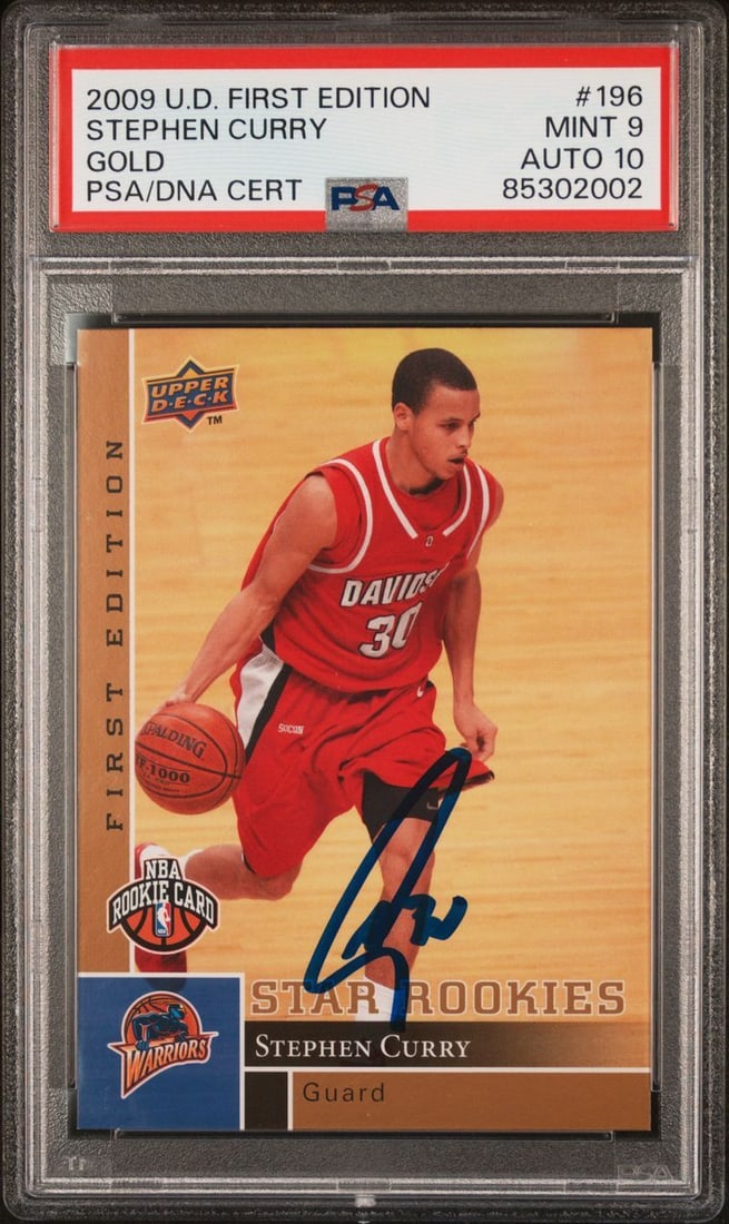 2009 Upper Deck First Edition Gold Stephen Curry Signed Card PSA 9 AUTO 10: 2009 Upper Deck First Edition Gold Stephen Curry Signed Card PSA 9 AUTO 10 This 2009 UD First Edition Gold #196 sports trading card features the autograph of NBA superstar Stephen Curry, who played fo