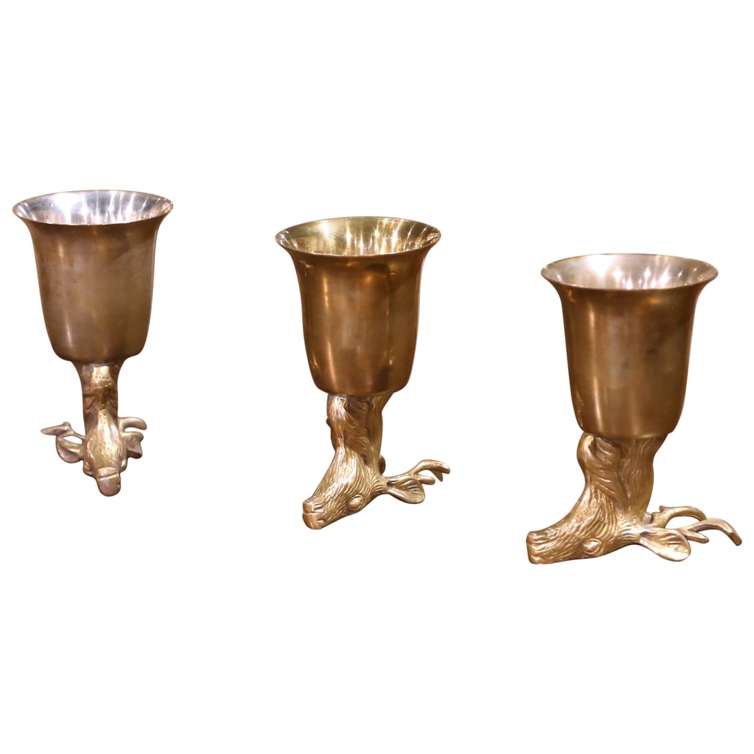 Set of 3 Early 20th Century German Silverplated Brass Deer Stag Goblets: Set of 3 Early 20th Century German Silverplated Brass Deer Stag Goblets Enhance your barware collection with this exquisite set of three early 20th-century German silverplated brass goblets. Each gobl