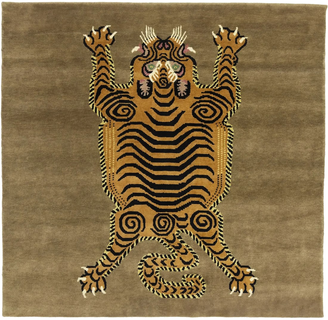 Handmade Nepali Tribal Pictorial Square Rug 73 x 73 Wool: Handmade Nepali Tribal Pictorial Square Rug 73 x 73 Wool This stunning Handmade Nepali Tiger Tribal Pictorial Square Rug is a perfect addition to enhance the aesthetic of any space. Crafted from high-