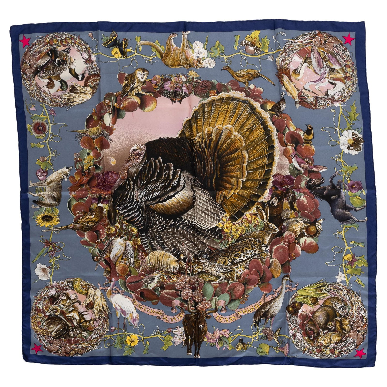 Hermes Texas Wildlife Scarf by Kermit Oliver 35in Blue: Hermes Texas Wildlife Scarf by Kermit Oliver 35in Blue This exquisite Hermes scarf features a captivating Texas Wildlife design by renowned designer Kermit Oliver. Measuring 35 inches by 35 inches, th