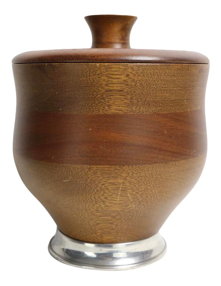 Mid Century Danish Style Ice Bucket Walnut Pewter Glass: Mid Century Danish Style Ice Bucket Walnut Pewter Glass This Mid Century ice bucket showcases a beautiful blend of function and style, featuring a wood exterior with an insulating glass liner. It is c
