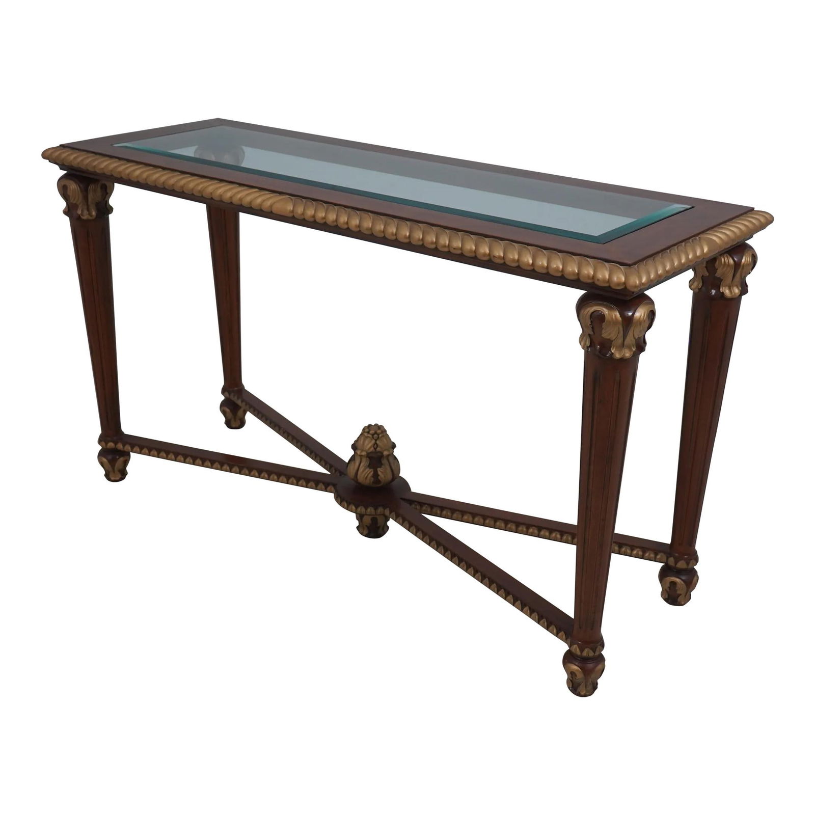 Councill Craftsmen Regency Console Table with Beveled Glass Top: Councill Craftsmen Regency Console Table with Beveled Glass Top This exquisite Regency console table features a stunning beveled glass top, showcasing fine carved details and high-quality construction