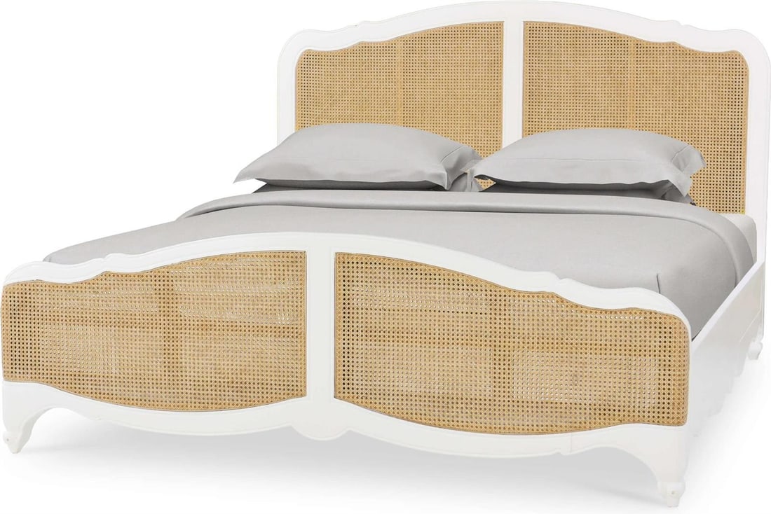 Bramble Covington King Bed in Architectural White Rattan: Bramble Covington King Bed in Architectural White Rattan Introducing the Elegant Covington King Bed, crafted in a charming antique or vintage style. This exquisite piece is made from durable mahogany