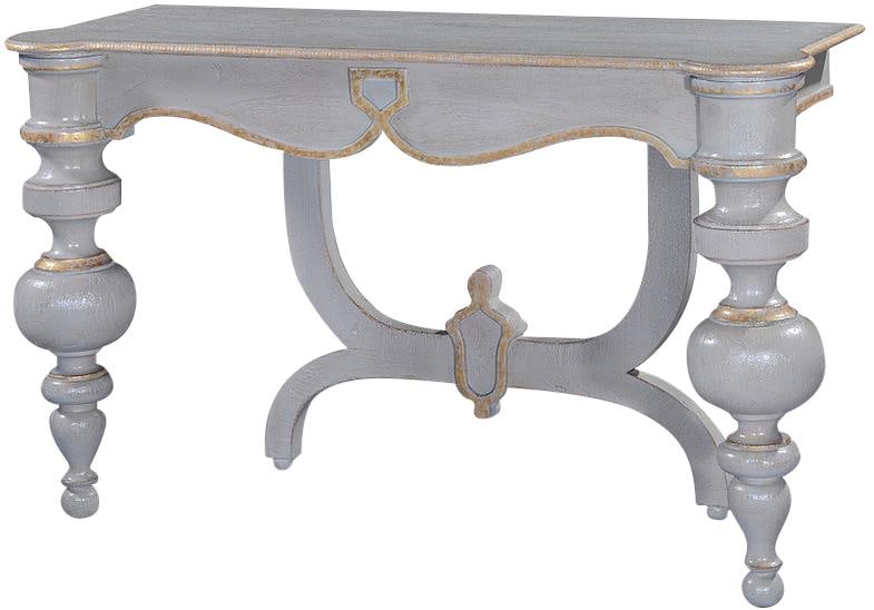 Portico Console Table Pewter Gray with Gold Accents Old World Style: Portico Console Table Pewter Gray with Gold Accents Old World Style Elevate your living space with this Luxurious Pewter Gray Console, showcasing elegant gold accents that enhance its Old World style.