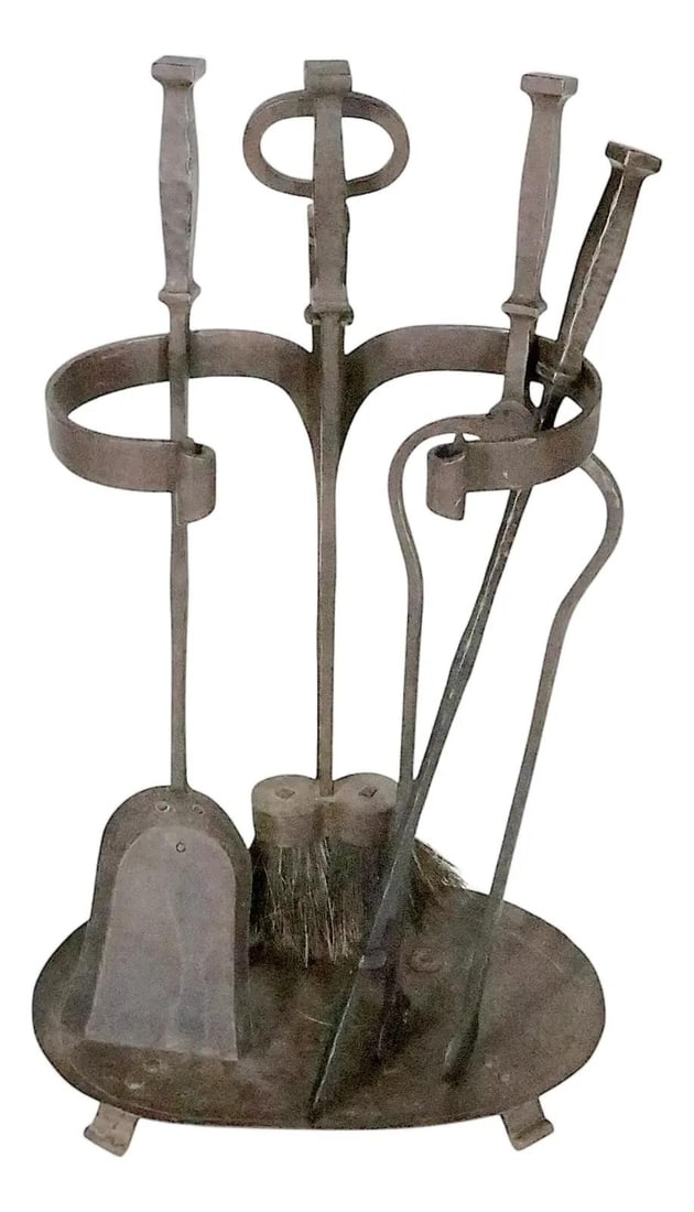 5 Piece Wrought Iron Arts and Crafts Fireplace Tool Set: 5 Piece Wrought Iron Arts and Crafts Fireplace Tool Set Enhance your fireplace with this exquisite 5-piece wrought iron Arts and Crafts fireplace tool set. This collection includes a shovel, tongs, po