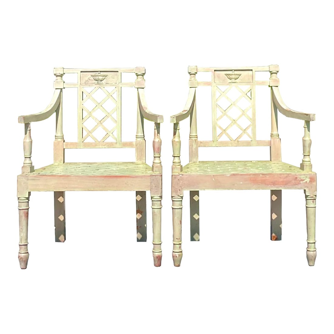 Chic Vintage Hepplewhite Garden Chairs Pair Celadon Finish: Chic Vintage Hepplewhite Garden Chairs Pair Celadon Finish This exquisite pair of vintage Regency Victorian garden chairs features a chic Hepplewhite design in a beautiful celadon color. The chairs ar