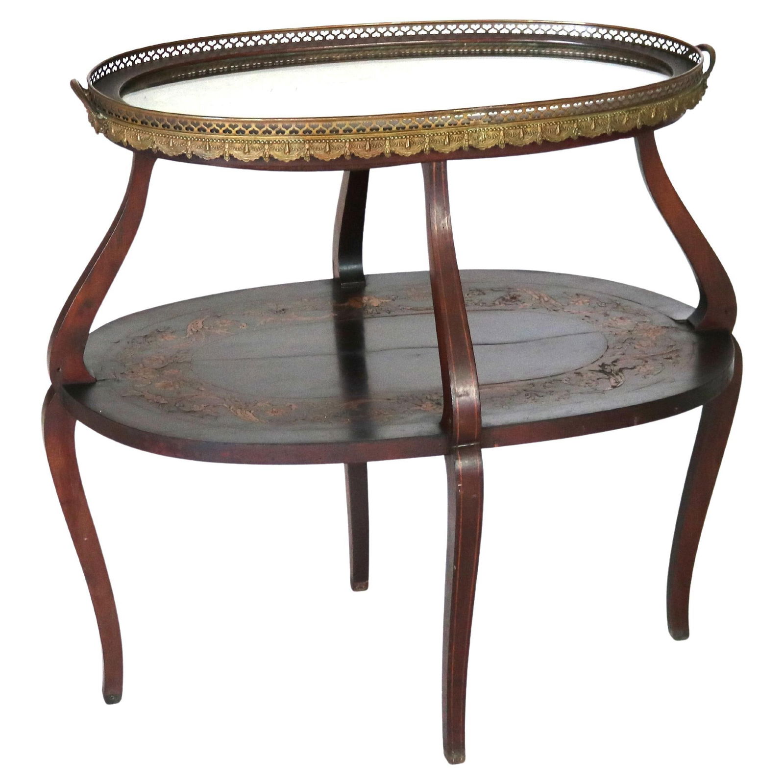 Antique Mahogany Tiered Tea Table with Satinwood Marquetry C1920: Antique Mahogany Tiered Tea Table with Satinwood Marquetry C1920 This exquisite Antique Mahogany Tiered Tea Table, dating back to the early 20th century (circa 1920), features intricate Satinwood flor