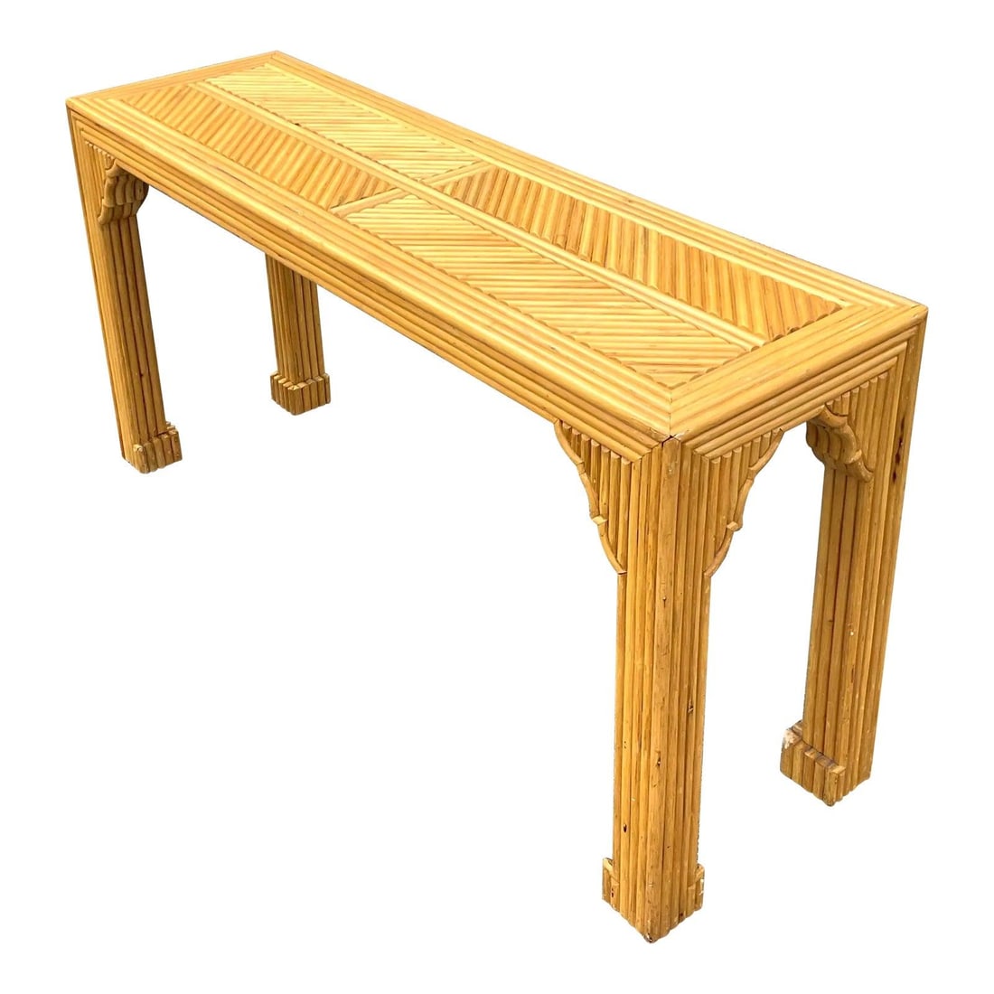 Vintage Coastal Pretzel Rattan Chevron Console Table Ming Style: Vintage Coastal Pretzel Rattan Chevron Console Table Ming Style This exquisite vintage Coastal console table showcases a unique pretzel rattan design with a stunning Ming shape and updated fretwork de