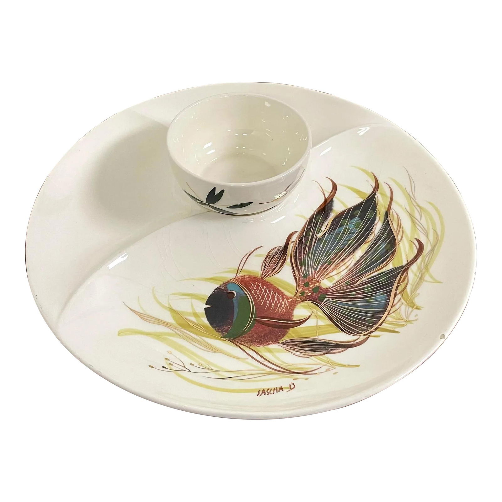 Sascha Brastoff Hand-Painted Ceramic Divided Serving Plate 12 Inch: Sascha Brastoff Hand-Painted Ceramic Divided Serving Plate 12 Inch This mid-century modern divided serving plate by Sascha Brastoff features a beautifully hand-painted fish design, perfect for serving