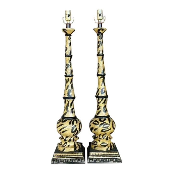 Exotic Vintage Hand-Painted Leopard Lamps Pair 32.25" Tall: Exotic Vintage Hand-Painted Leopard Lamps Pair 32.25" Tall Discover the captivating beauty of the wild with this Vintage Hand-Painted Leopard Lamps - a Pair. Each lamp is meticulously crafted and feat