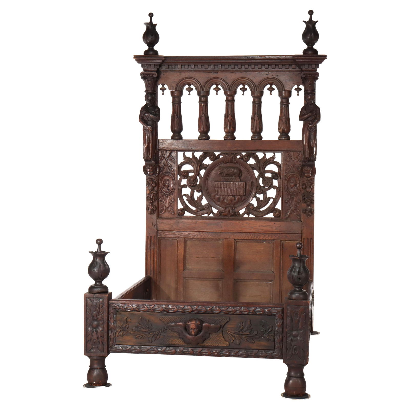 17th Century English Baroque Figural Carved Oak Bed Frame: 17th Century English Baroque Figural Carved Oak Bed Frame Experience the grandeur of the 17th century with this antique English Baroque bed frame, masterfully crafted from oak. This exquisite piece sh