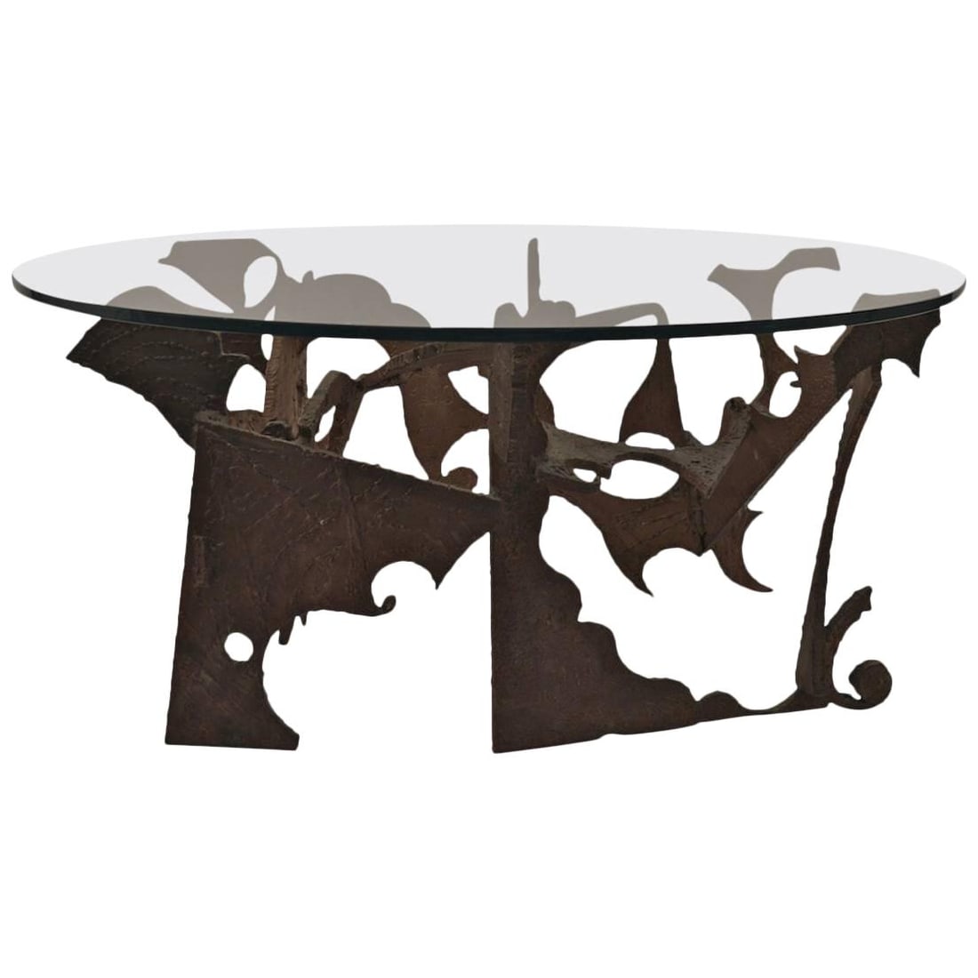Silas Seandel Brutalist Coffee Table Signed 1975 Iron Glass: Silas Seandel Brutalist Coffee Table Signed 1975 Iron Glass This stunning Brutalist coffee table, crafted by renowned artist Silas Seandel, showcases a torch-cut iron base paired with an original plat