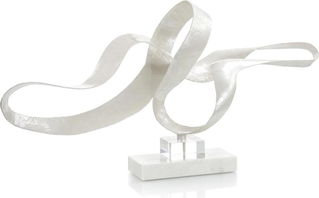 John-Richard White Pearlized Ribbon Sculpture in Acrylic Marble: John-Richard White Pearlized Ribbon Sculpture in Acrylic Marble This elegant sculpture, titled "Graceful Ribbon Sculpture in Marble and Acrylic," beautifully captures the essence of movement with its
