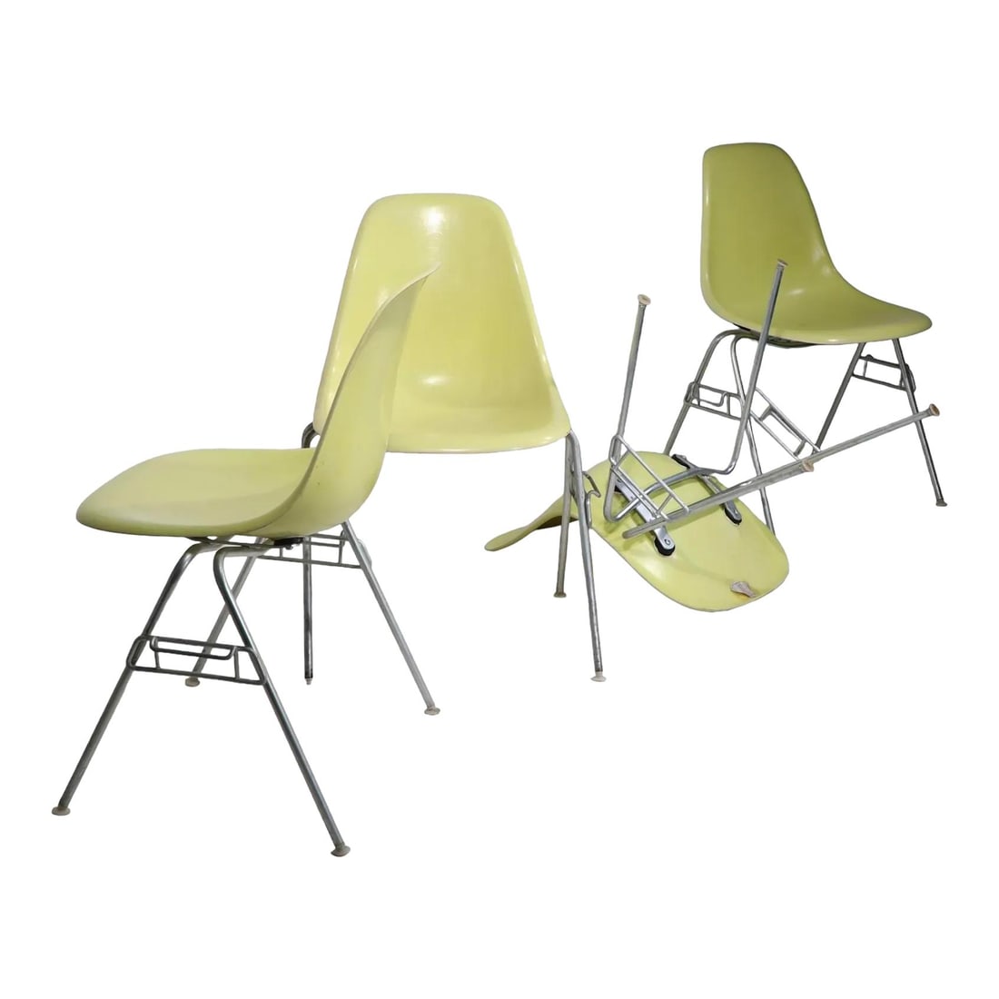 Vintage Herman Miller Eames DSS Yellow Fiberglass Stacking Chairs 1960s: Vintage Herman Miller Eames DSS Yellow Fiberglass Stacking Chairs 1960s This large group of Herman Miller Eames DSS chairs showcases the iconic design by Charles and Ray Eames, produced in the 1960s.