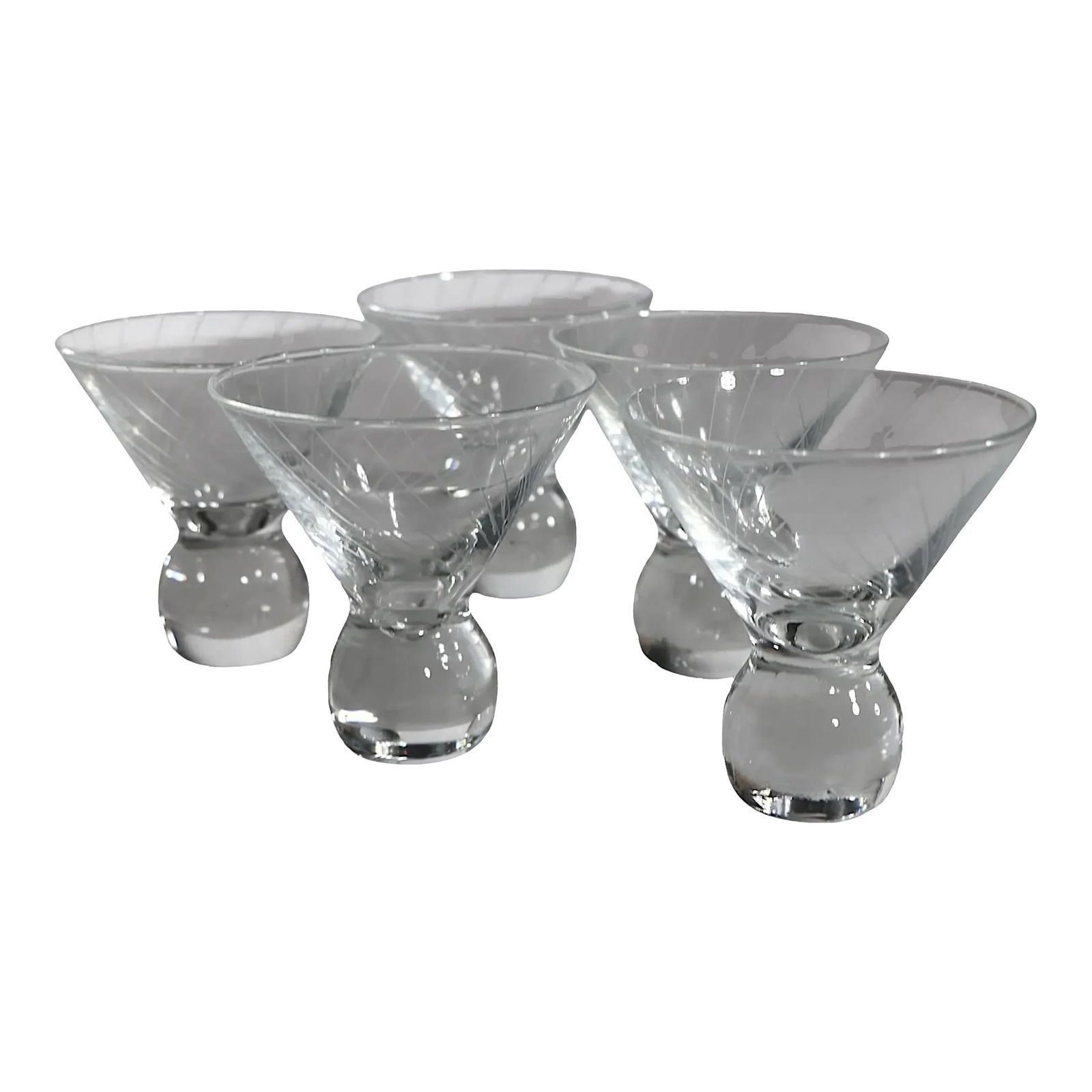 Chic Set of 5 Mid Century Ball Base Martini Glasses: Chic Set of 5 Mid Century Ball Base Martini Glasses Enhance your cocktail experience with this chic set of five Mid Century ball base martini glasses. Each glass features a stylish ball base and elega