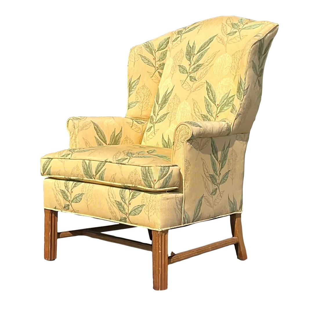 Vintage Boho Wingback Chair with Leaf Print Light Yellow: Vintage Boho Wingback Chair with Leaf Print Light Yellow Introducing a Vintage Wingback Chair that captures the essence of eclectic charm. This beautifully crafted piece features a delightful leaf pri