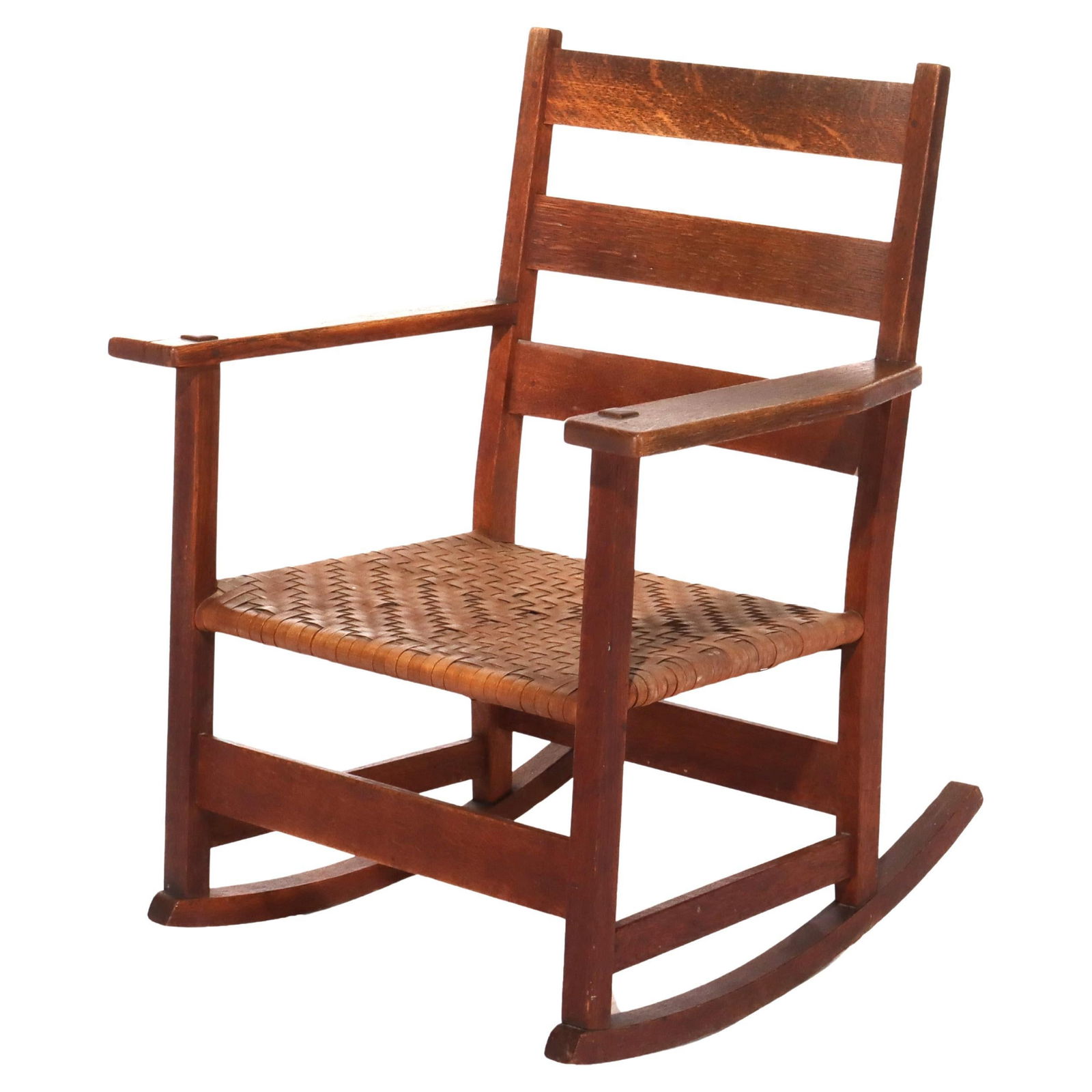 Antique Stickley Oak Rocker C1920 Arts and Crafts Design: Antique Stickley Oak Rocker C1920 Arts and Crafts Design This Antique Stickley School Oak Rocker with Rush Seat, dating back to circa 1920, combines classic Arts and Crafts design with durable craftsm