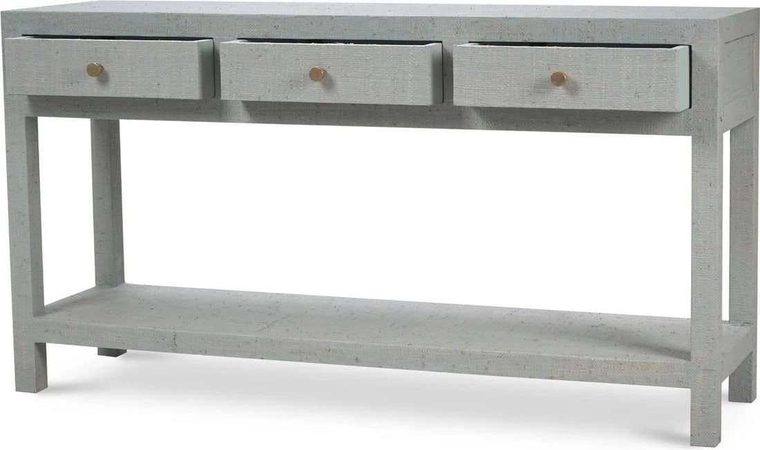 Bramble Kagu Pale Blue Mahogany Console Table 32H 60W 16D: Bramble Kagu Pale Blue Mahogany Console Table 32H 60W 16D This charming console table by Bramble features a delightful pale blue finish that enhances its elegant design. Crafted from a combination of