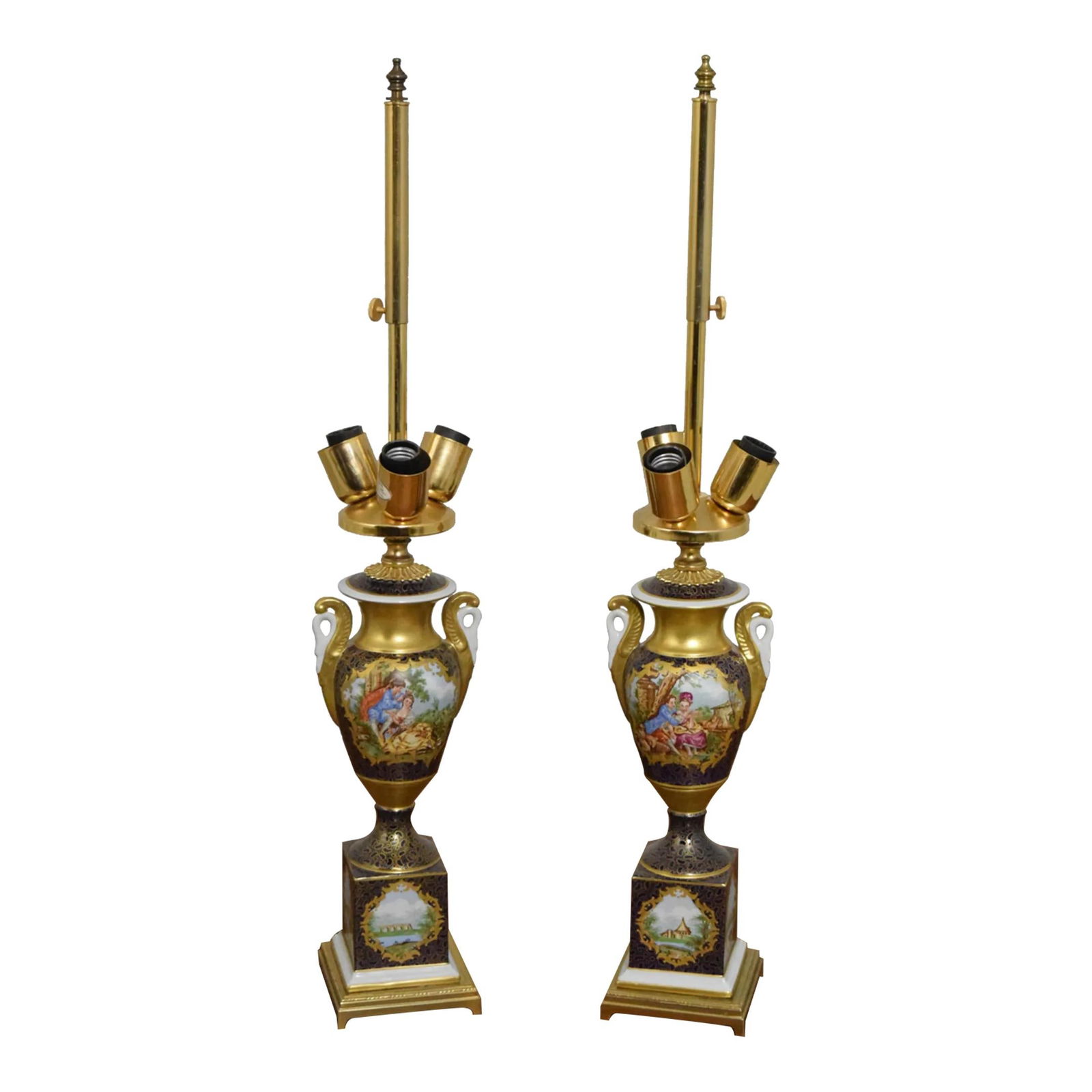 Elegant 1980s Sevres Style Italian Porcelain Lamp Pair with Swan Arms: Elegant 1980s Sevres Style Italian Porcelain Lamp Pair with Swan Arms This exquisite pair of 1980s Sevres style Italian urn porcelain lamps features stunning painted decorations and elegant swan arms.