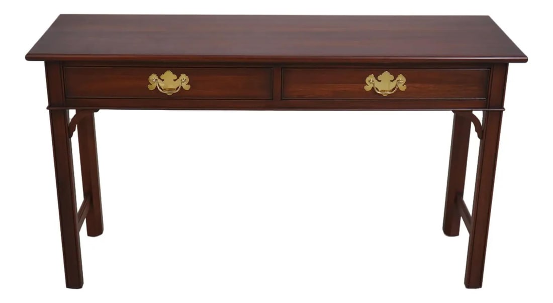 Henkel Harris Cherry Wood 2 Drawer Console Table Chippendale Style: Henkel Harris Cherry Wood 2 Drawer Console Table Chippendale Style This exquisite Henkel Harris 2 Drawer Console Table showcases a rich cherry wood construction, featuring fine carved details that exe