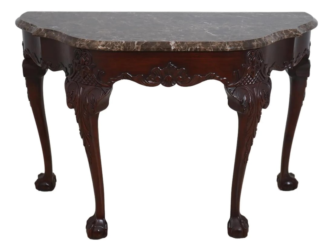 Henkel Harris Mahogany Console Table with Marble Top Ball & Claw Feet: Henkel Harris Mahogany Console Table with Marble Top Ball & Claw Feet This exquisite Henkel Harris console table features a stunning marble top and is crafted from high-quality mahogany. The table sho