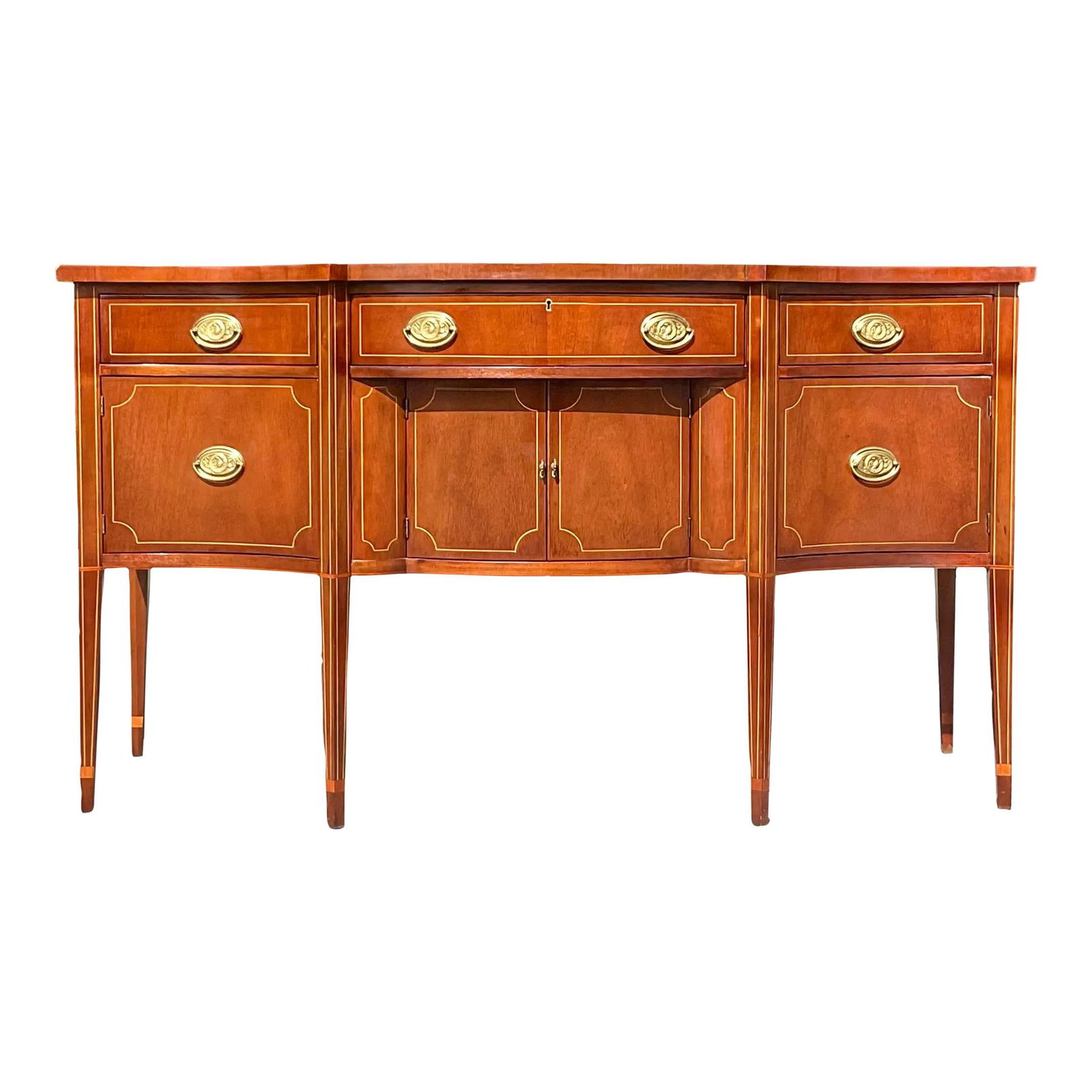 Vintage Regency Baker Mahogany Hepplewhite Sideboard Chestnut Finish: Vintage Regency Baker Mahogany Hepplewhite Sideboard Chestnut Finish Discover this exquisite vintage Regency Mahogany sideboard, crafted by the renowned Baker Furniture group, featuring authentic tagg