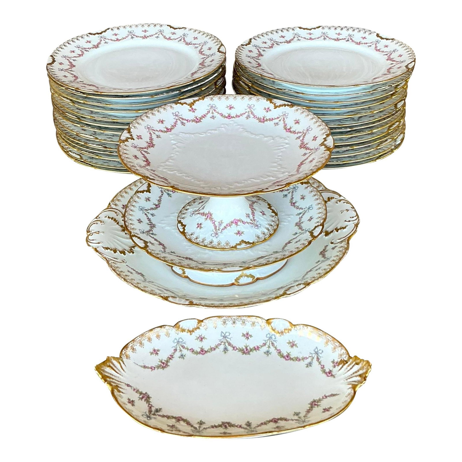 Regency Limoges China Set of 30 with Floral Motifs and Gold Trim: Regency Limoges China Set of 30 with Floral Motifs and Gold Trim This stunning vintage 30-piece Limoges china set exudes Regency-era elegance with its beautiful floral swag motifs, intricate gold trim