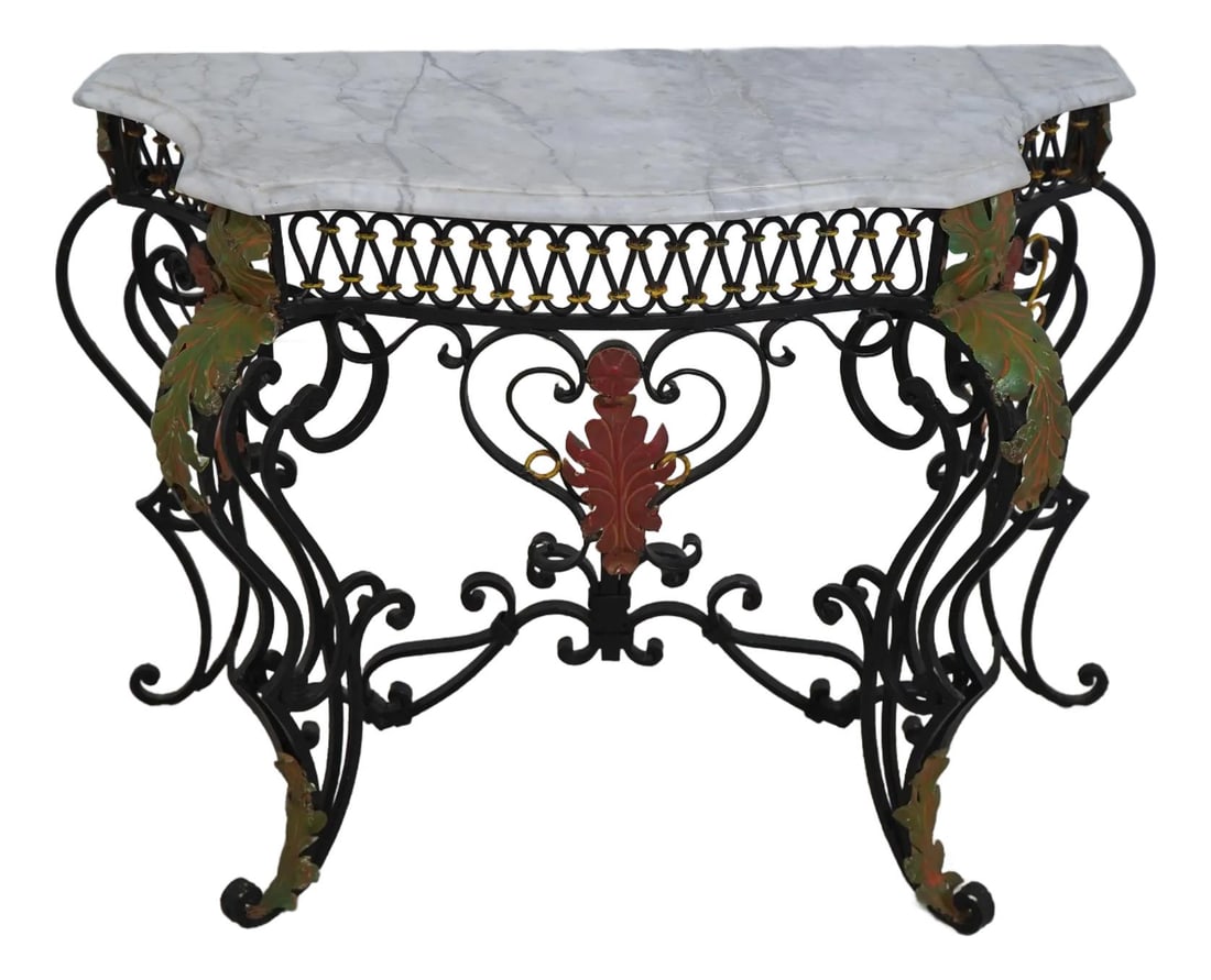 Italian 1930s Vintage Wrought Iron Console Table with Marble Top: Italian 1930s Vintage Wrought Iron Console Table with Marble Top This exquisite vintage console table features a striking marble top supported by a robust wrought iron base, showcasing fine Italian de