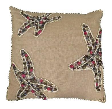 Square Beige Burlap Starfish Pillow with Beading Decoration: Square Beige Burlap Starfish Pillow with Beading Decoration Enhance your home decor with this charming Square Burlap Starfish Decorative Pillow. Crafted from high-quality textile, this delightful piec
