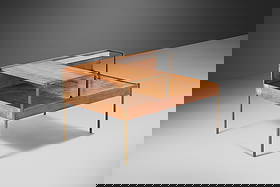 Milo Baughman Maple Brass Two-Tiered Sofa Table c. 1955: Milo Baughman Maple Brass Two-Tiered Sofa Table c. 1955 Introducing a stunning Milo Baughman for Murray Furniture Sofa Table / Side Table from circa 1955. This early and rare piece features a large tw