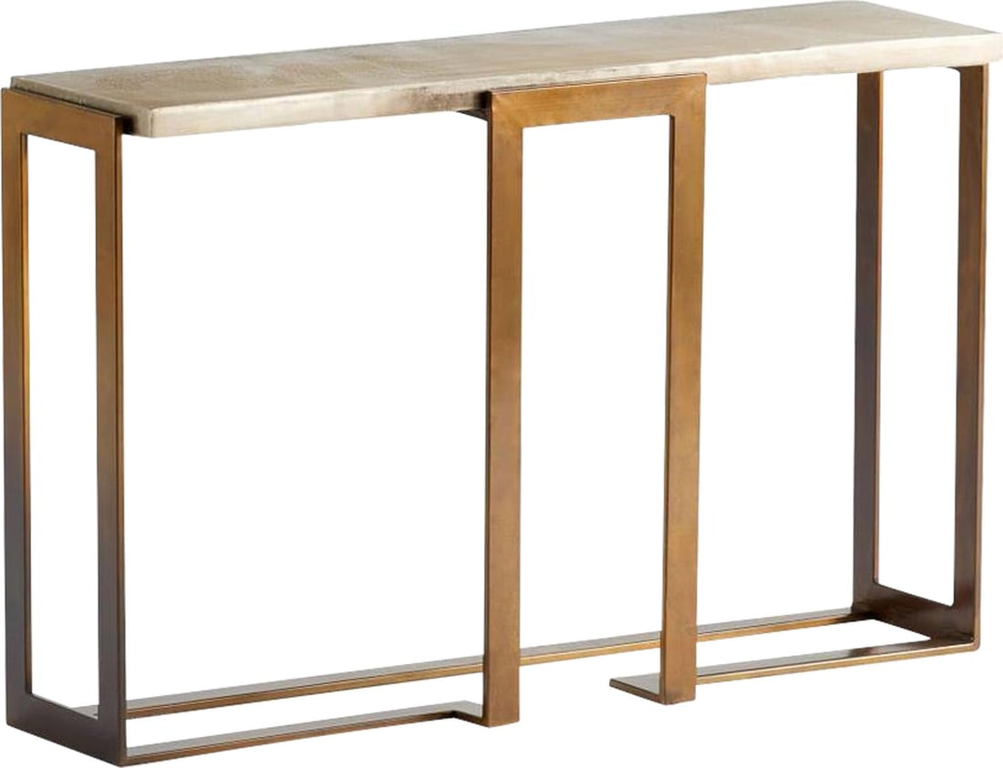 Cyan Lacerta Bronze Console Table Elegant Design 30.25H 48L: Cyan Lacerta Bronze Console Table Elegant Design 30.25H 48L Elevate your living space with the Cyan Lacerta Bronze Console Table, a stunning blend of modern design and elegance. Crafted from a combina