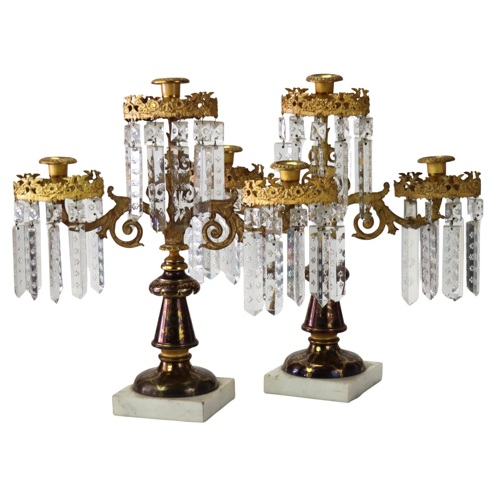Antique Brass Crystal Marble Girandoles Set of 2 C1920: Antique Brass Crystal Marble Girandoles Set of 2 C1920 Enhance your decor with this exquisite pair of antique girandoles from circa 1920. These stunning pieces showcase intricate brass craftsmanship p